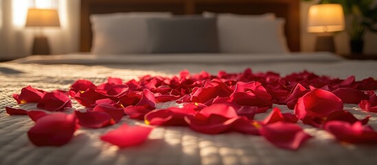 Romantic arrangement of rose petals scattered on a cozy bed with soft lighting creating a serene and inviting atmosphere