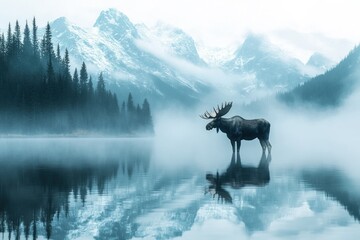 Obraz premium A majestic moose stands in a misty lake with a snow-capped mountain range in the background.