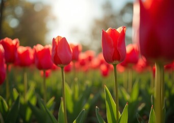 Obraz premium Vibrant red tulips blooming in a sunlit garden during springtime