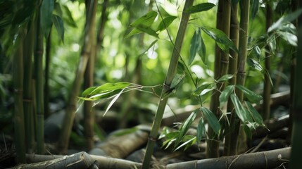 Obraz premium Lush green bamboo leaves and shoots thriving in a vibrant bamboo farm landscape
