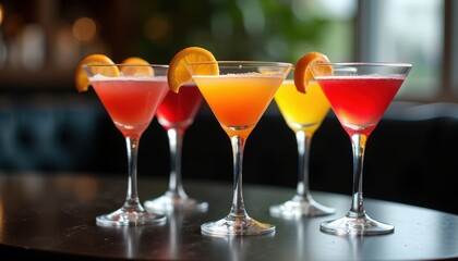 Martini Glasses With Vibrant Colored Drinks and Citrus Garnishes on a Sleek Black Table