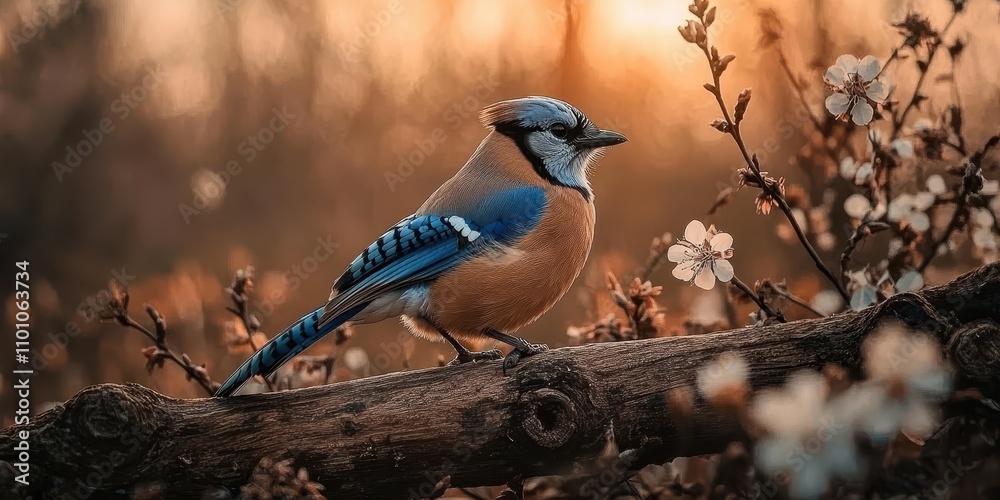 Aufkleber a colorful bird perched on a branch surrounded by delicate blossoms, basking in the warm glow of the