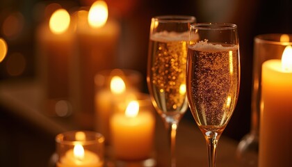 Toasting Glasses With Sparkling Wine Reflecting Warm Golden Candlelight in an Elegant Setting