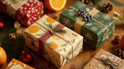 Festive Gift Bundles with Seasonal Wrapping and Decorative Elements on a Rustic Wooden Surface