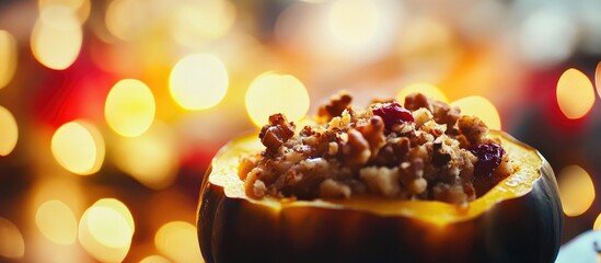 Baked acorn squash filled with butter brown sugar walnuts and cranberries beautifully presented with bokeh background for holiday dining