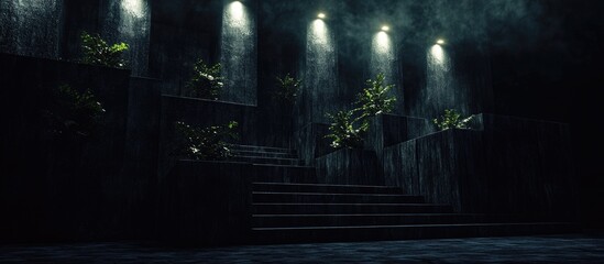 Futuristic architectural space with stairs and ambient lighting showcasing modern design and landscaping concepts