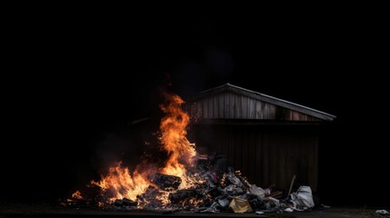 Fire consuming garbage behind a house at night creating a dramatic contrast against a dark background showcasing environmental concerns.