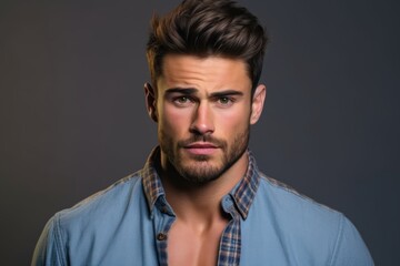 Fototapeta premium A man with a beard and a blue shirt