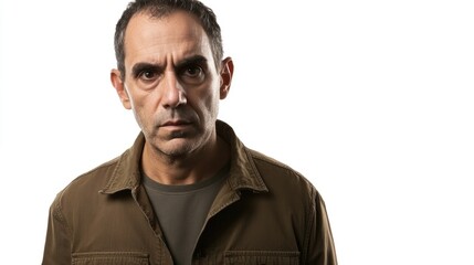 Obraz premium Serious portrait of a middle-aged man in casual attire against a plain white background conveying a sense of contemplation and intensity.