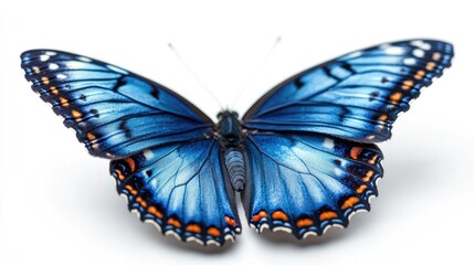 Obraz premium Vibrant Blue Butterfly Delicately Gliding Against a White Background with Soft Shadow Highlights and Stunning Wing Details
