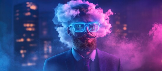 Businessman with glowing glasses surrounded by clouds symbolizing digital technology and data management in a modern office setting
