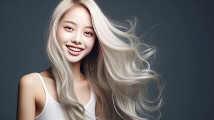Naklejka premium Portrait of smiling asian teenager girl with long and white hair silver background.