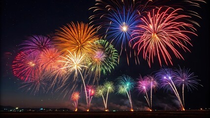 Vibrant fireworks exploding in the night sky with shades of red orange yellow green blue and purple, stars bursting forth, kaleidoscope of colors