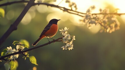 Fototapeta premium Common redstart perched on a branch adorned with delicate white blossoms, bathed in soft golden sunlight, highlighting its vibrant orange belly and sleek profile.