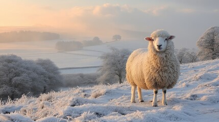 Fototapeta premium Sheep grazing on frosty winter farmland hills with misty landscape in the background at sunrise.
