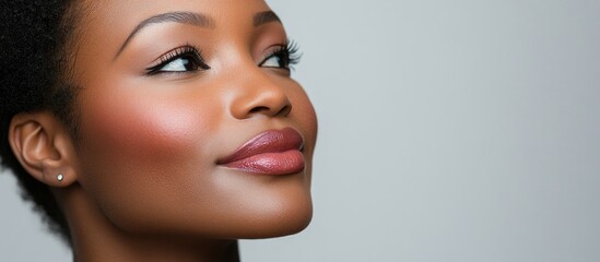 Fototapeta premium Close up portrait of a woman with glowing skin and natural makeup showcasing beauty ideal for skincare product advertisements and routines