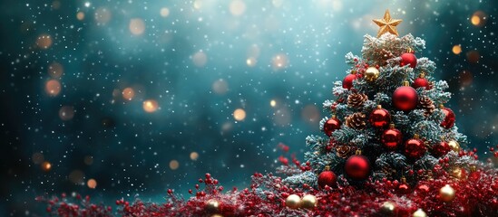 Fototapeta premium Christmas tree decorated with ornaments in a snowy background with space for your text and a festive atmosphere for holiday invitations.