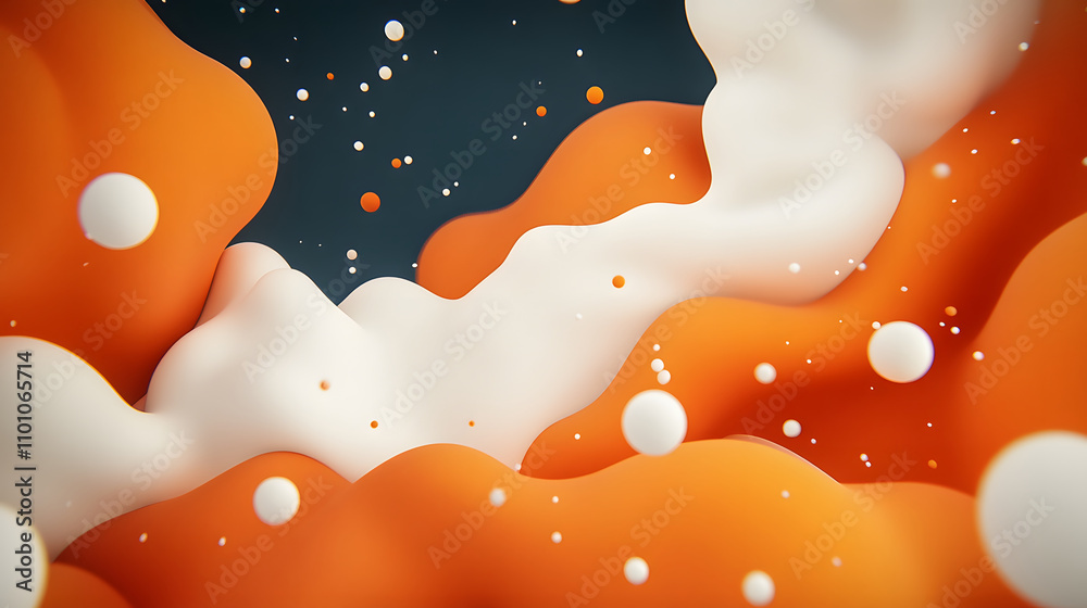 Poster A vibrant abstract design featuring flowing orange and white shapes against a dark background, creating a dynamic and modern visual effect