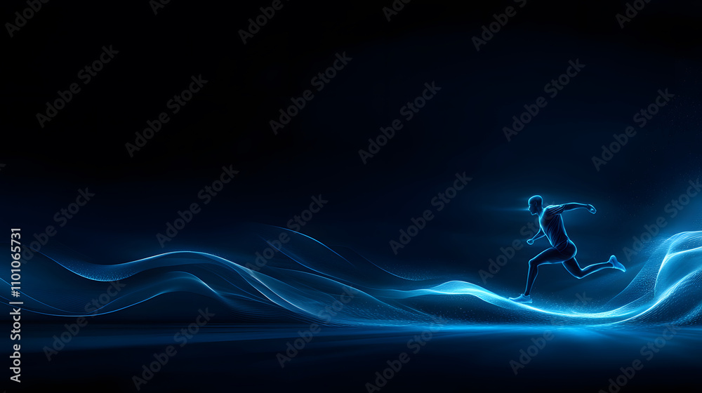Poster a dynamic figure runs through a dark space, surrounded by flowing blue light, symbolizing speed, ene