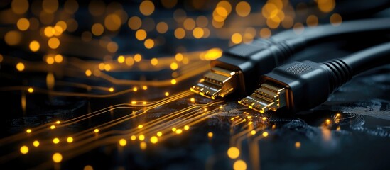 Close up of audio and video connectors with glowing lights on a dark background, showcasing technology and connectivity concepts.