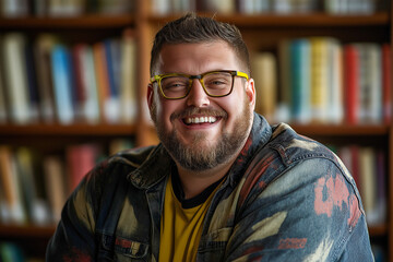 Fototapeta premium Smiling person with glasses in colorful jacket amidst bookshelves