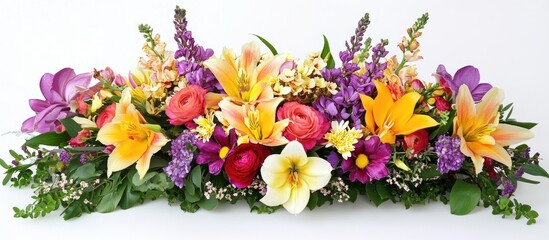 Vibrant floral arrangement featuring colorful lilies roses and seasonal blooms on a white background
