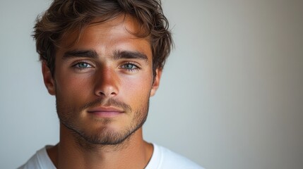 Fototapeta premium Confident young man with tousled hair and blue eyes posing against a minimalist background capturing youth and charm