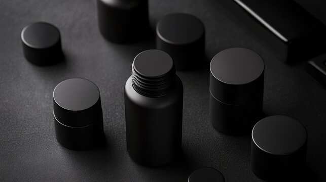 Sleek black cosmetic bottles on a dark surface showcasing a modern minimalist design, perfect for upscale men's grooming products.