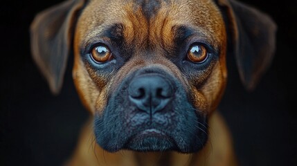 Obraz premium Close-up portrait of an expressive Boxer breed dog showcasing its striking eyes and charming facial features against a dark background