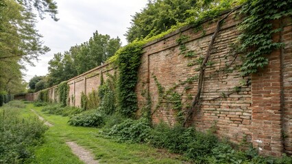 Weathered brick wall with vines and shrubs, wild, overgrown vegetation, lush greenery, vines, forest