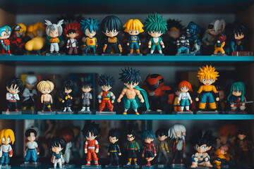 Collection of Colorful Anime Figurines Displayed on Shelves Together