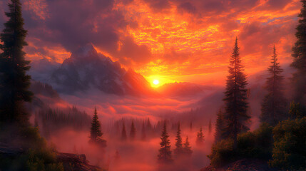 Obraz premium Fiery Sunset Paints Mountain Peaks and Misty Forest in Vivid Hues, Digital Landscape Art