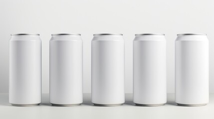 Blank mockup aluminum cans arranged for product design presentation on a clean white background for branding or advertising purposes