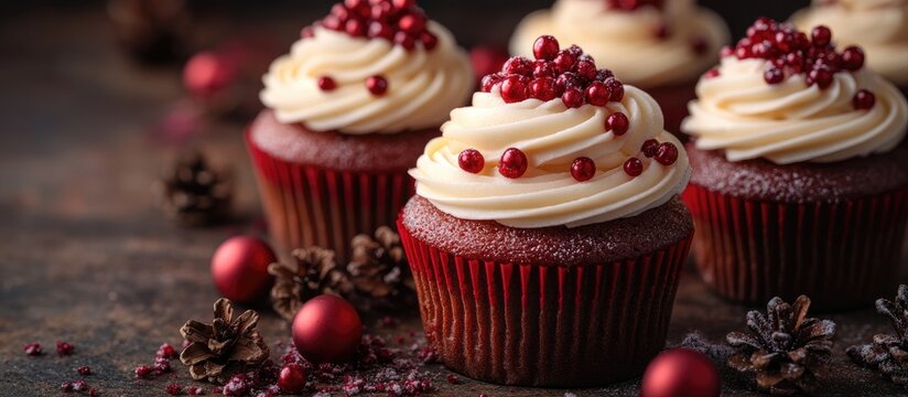 Festive Christmas cupcakes with red berry toppings surrounded by holiday decorations for a joyful seasonal celebration