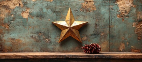 Vintage Christmas star decoration with pine cone on aged wooden backdrop for festive holiday themes and rustic design inspiration.