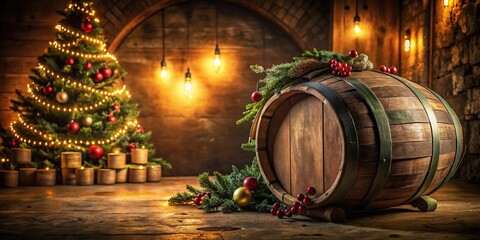 Wooden wine barrel in a dimly lit cellar filled with Christmas decorations, rustic, seasonal, wooden, cozy, pine