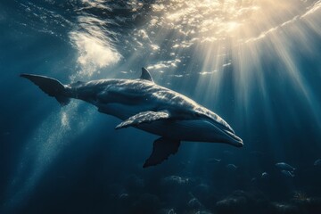 Fototapeta premium A dolphin swims through the ocean water, illuminated by sunlight shining through the surface.