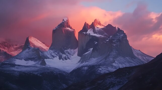 Majestic snow-capped mountain peaks bathed in the glow of a vibrant sunset, with dramatic, pink-hued clouds stretching across the sky. - Powered by Adobe