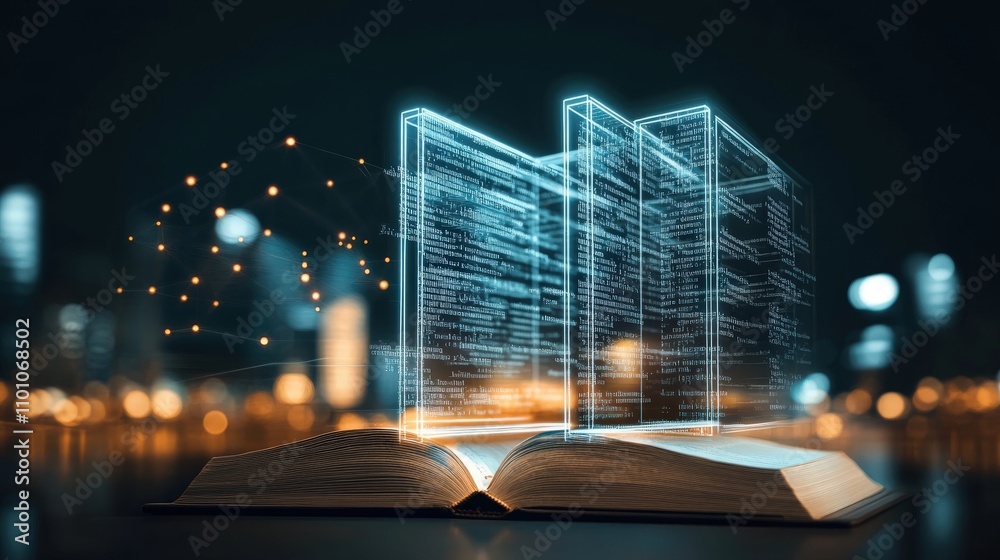 Aufkleber Futuristic Digital Knowledge Representation with Open Book and Holographic Pages Symbolizing Learning, Technology, and Data Science in Modern Education Environment