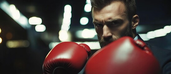 Businessman in tuxedo wearing red boxing gloves symbolizing determination and combativeness in the corporate world