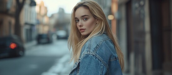 Fototapeta premium Portrait of a blonde woman in a denim jacket looking back on a city street with soft lighting and an urban backdrop