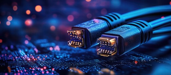 Audio and video cable connectors close-up on a circuit board with a vibrant background showcasing technology and connectivity concepts