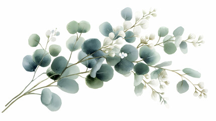 Obraz premium Watercolor Painting of Eucalyptus Branches with Delicate White Flowers on White Background