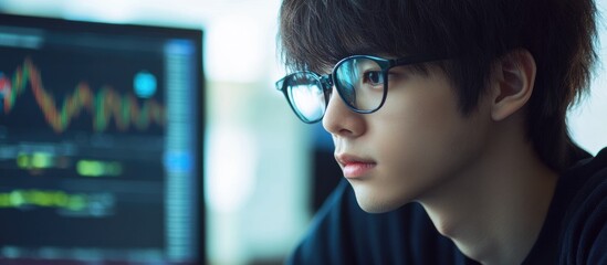 Business professional analyzing investment data on computer screen in modern office environment focused financial analysis concept