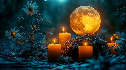 Enchanted Forest: Burning Candles Illuminate a Mystical Rock Formation under a Glowing Moon