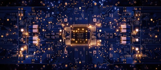 Blue circuit board with white resistors and gold connections illustrating electronic components design and connectivity in technology systems