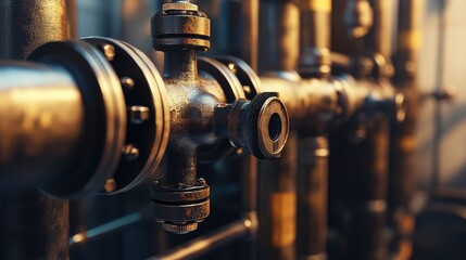 Steampunk-inspired backdrop showcasing intricate brass pipes with a blurred background, offering considerable copy space for creative use.