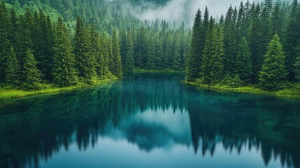 Serene aerial view of a tranquil forest lake surrounded by lush greenery and reflective water under a misty atmosphere