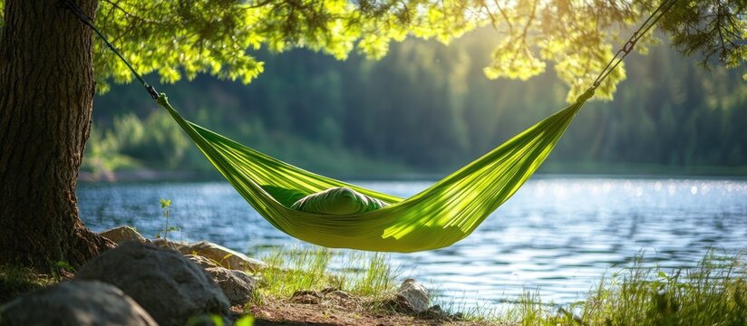 Tranquil lakeside scene featuring a green hammock suspended between trees with a young man relaxing in nature's serene outdoor beauty.