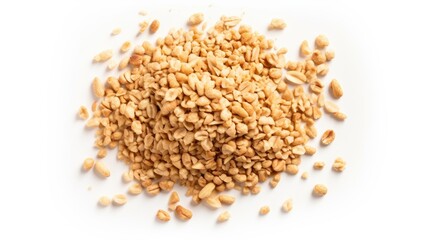Fototapeta premium Crumble Peanuts Isolated Pile of Roasted Nuts Crumbs and Whole Pieces on White Background Viewed from Above